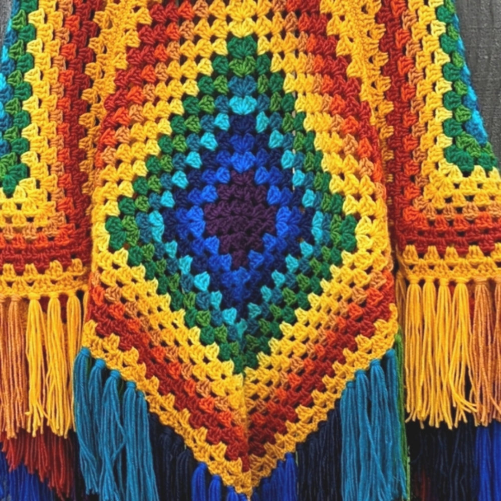 Vintage Style Crochet Granny Square Ruana In Muted Rainbow - Picture 4 of 4